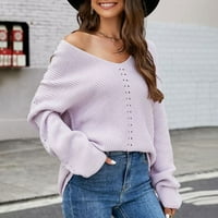 Ženski jesenski trendovi, novi ženski casual džemperi širokog kroja s izrezom u obliku slova u i dugim rukavima u ljubičastoj boji