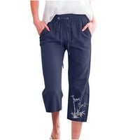 Plus size pamučne lanene Capri hlače ženske ljetne hlače visokog struka Ležerne lepršave udobne hlače Na vezanje s printom joga hlače