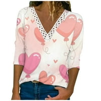 Ženski topići od tunike, Modni ugrađeni čipkasti vrhovi s izrezom u obliku slova U I printom za Valentinovo, ležerna bluza s dugim