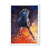 Dizajnerski crtež portret galopirajućeg Plavog konja uokviren seoskom kućom