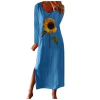haljine za žene, Ženska ležerna haljina s printom suncokreta, haljina s dugim rukavima, boho sarafan s printom, plava
