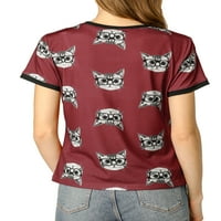 Jedinstvene ponude ženskog kontrastnog kratkih rukava mačje majice okrugli vrat majica
