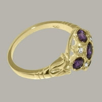 Ženski prsten od prirodnog ametista i dijamanta od 18k žutog zlata britanske proizvodnje - opcije veličine-Veličina 7